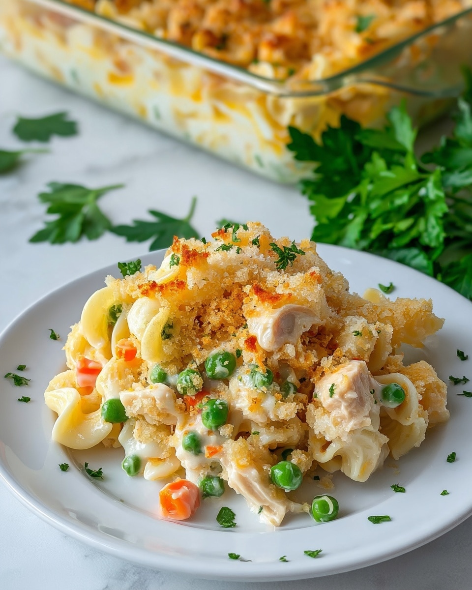 A glass baking dish filled with a creamy casserole that has a golden brown crumb topping. The dish is lifted by a white spoon revealing gooey melted cheese stretching from the casserole. Inside, there are visible layers of pasta, mixed vegetables including green peas and small orange carrot pieces, and shredded white meat. The crumb topping is lightly browned with a crunchy texture. The dish sits on a white marbled surface with a soft blue and white striped cloth partially visible. photo taken with an iphone --ar 4:5 --v 7