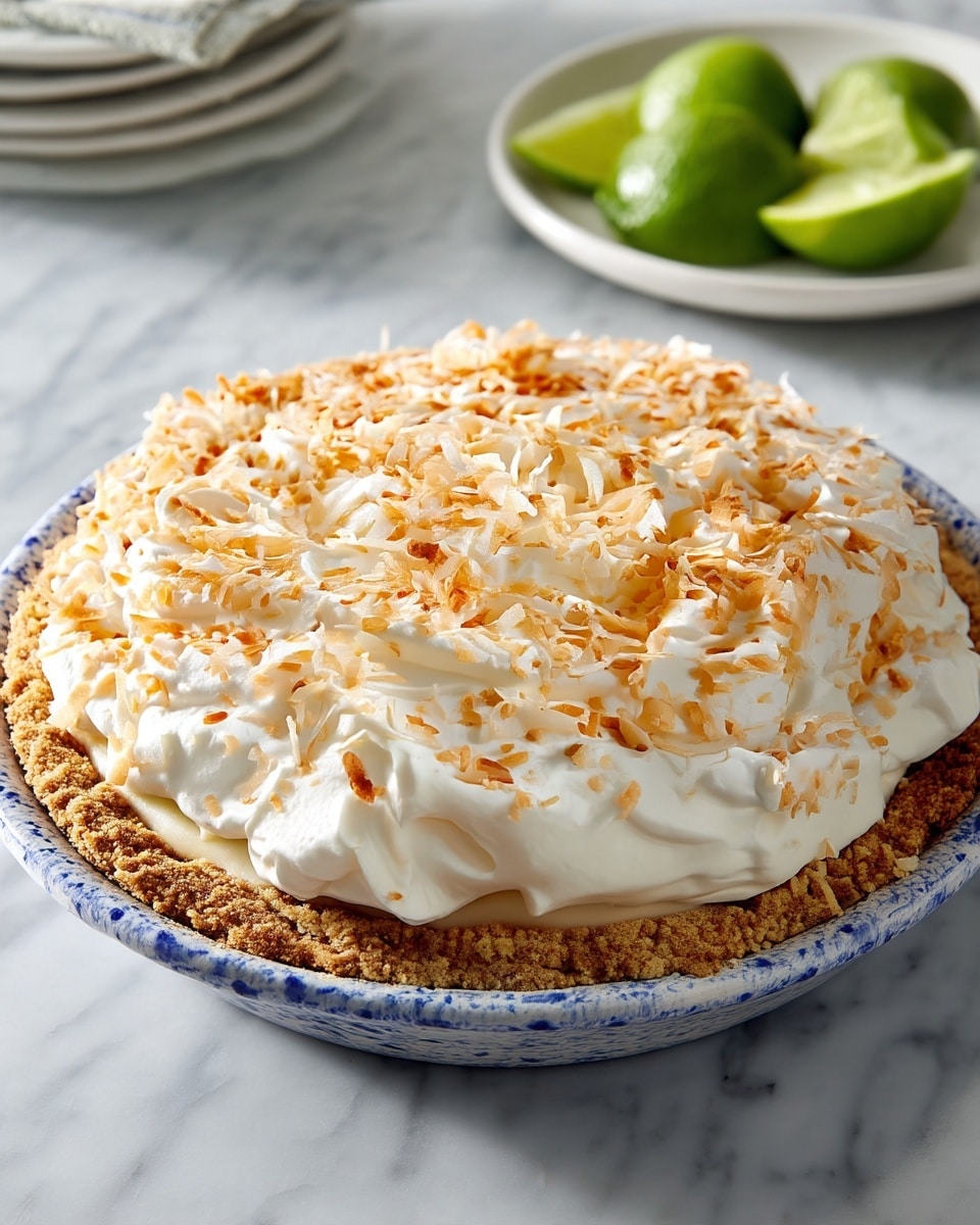 The image shows a creamy white pie with three thick layers on a white plate with blue speckles; the bottom layer is a light brown crumbly crust, the middle and top layers are smooth and white, with the top layer covered in fluffy whipped cream. Thin slices of green lime and small light brown toasted flakes are scattered on top, adding texture and color. A wedge is taken out, revealing the smooth inside layers. The pie server with a wooden handle lies next to the plate on a white marbled surface, and in the background, there is a small white plate with another slice on it. photo taken with an iphone --ar 4:5 --v 7