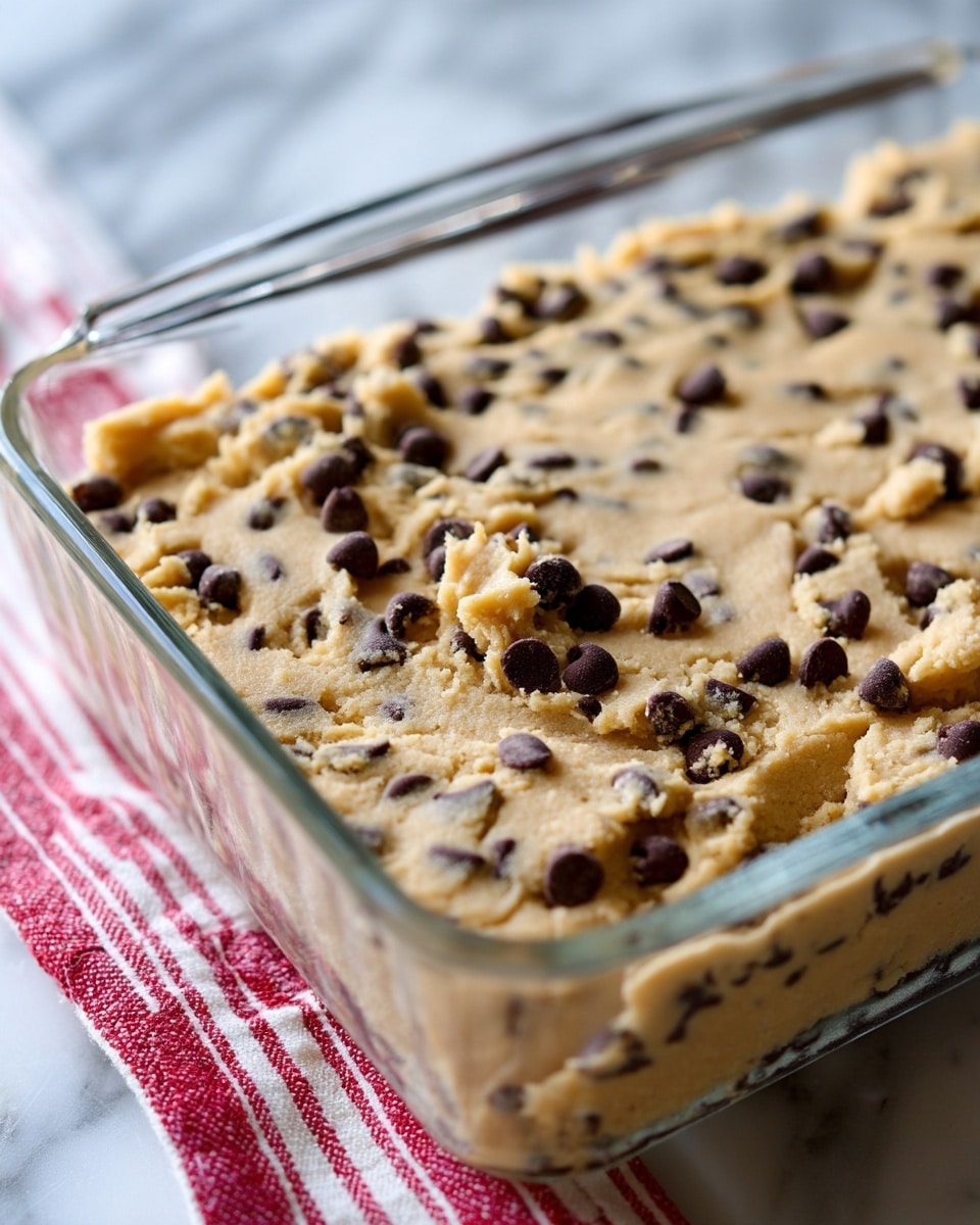 A close-up view of a thick layer of light beige cookie dough mixed with many small dark chocolate chips, spread evenly in a clear glass rectangular baking dish. The dough looks soft but firm, with a slightly uneven surface showing some texture and small cracks. The baking dish sits on a white marbled surface with a blurred red and white striped cloth nearby in the lower left corner. Photo taken with an iphone --ar 4:5 --v 7