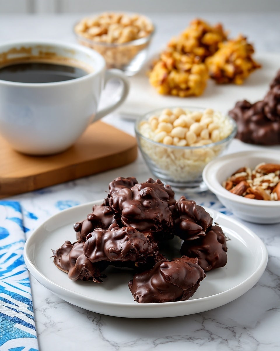 A white plate holds a stack of dark brown chocolate clusters with a rough, bumpy texture, showing bits of nuts inside. Behind it, there is a white marble surface with various small containers: a white bowl with light brown nuts, a clear glass bowl with white nuts, and a white marble board with two groups of clusters, one dark brown and one golden brown. To the left, a white cup is filled with black coffee with a light brown foam on top. The background is a white marbled texture with a blue patterned cloth underneath the plate and items. Photo taken with an iphone --ar 4:5 --v 7