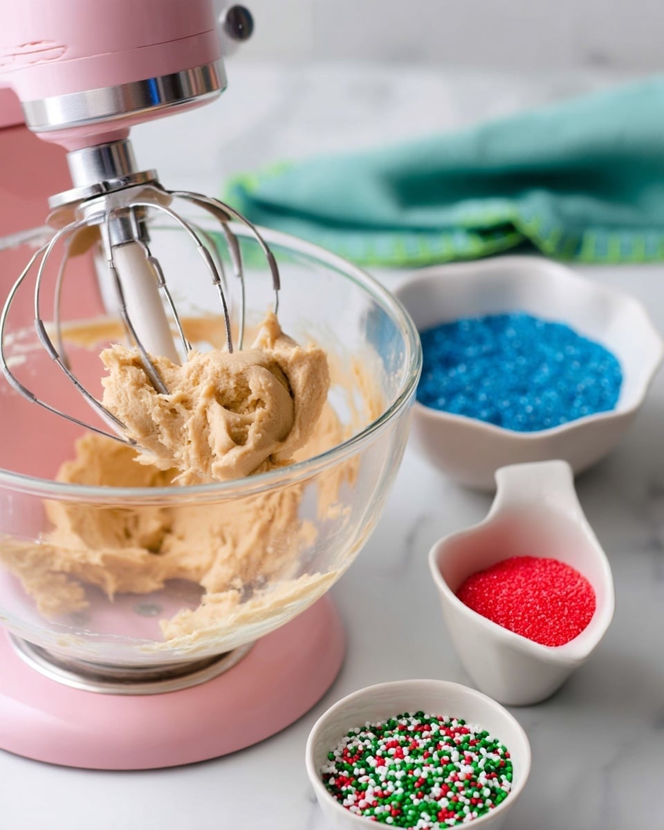 The image shows two parts: on the left, a close-up of pale beige cookie dough with a soft but thick texture clinging to the beater of a pink mixer, held above a clear mixing bowl. On the right, there are four small white ceramic bowls with different colored sugars and sprinkles on a white marbled surface; the top bowl contains bright blue sugar crystals, below it a bowl with tiny round red, green, and white sprinkles, lower left a bowl of green sugar crystals, and on the lower right a small pitcher-shaped bowl filled with red sugar crystals. A folded teal cloth with green stitching rests partly on the surface above the bowls photo taken with an iphone --ar 4:5 --v 7