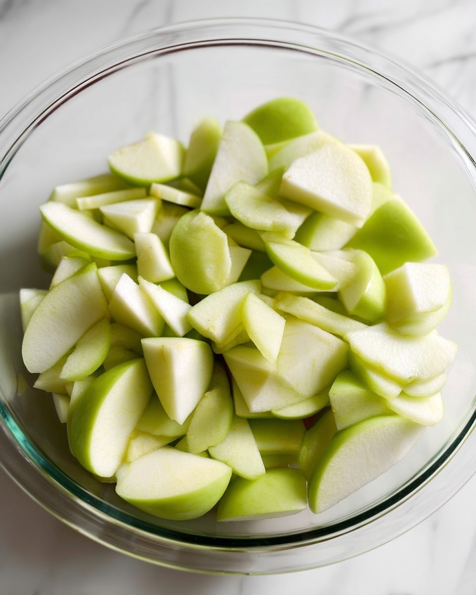 A clear glass bowl filled with many thinly sliced pieces of peeled green apples, showing various triangular and irregular shapes slightly stacked together inside the bowl, sitting on a white marbled surface with soft natural light highlighting the fresh pale green and white colors of the apple slices, photo taken with an iphone --ar 4:5 --v 7