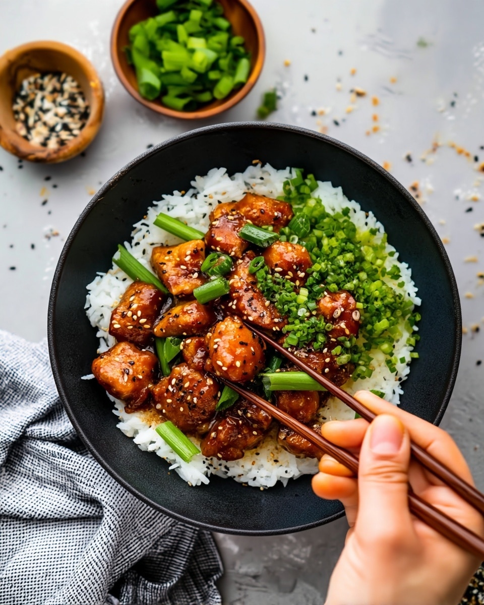A black bowl is filled with many pieces of bite-size, shiny, dark brown glazed chicken coated in a sticky sauce. The chicken pieces are topped with white sesame seeds and small, bright green chopped scallions scattered evenly over the dish. A wooden spoon is partially submerged in the bowl, lifting some chicken pieces, showing the thick sauce clinging to each piece. The background is a white marbled texture. Photo taken with an iphone --ar 4:5 --v 7