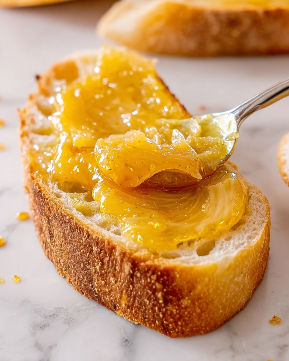 A close-up view shows a slice of rustic bread with a crispy brown crust and a soft, porous pale inside. On top of it, there is a thick layer of shiny, golden-yellow spread with a smooth, slightly chunky texture. A silver knife with some spread on its blade is gently spreading the topping across the bread. The background is a white marbled surface with a part of another slice of bread slightly blurred in the distance. photo taken with an iphone --ar 4:5 --v 7