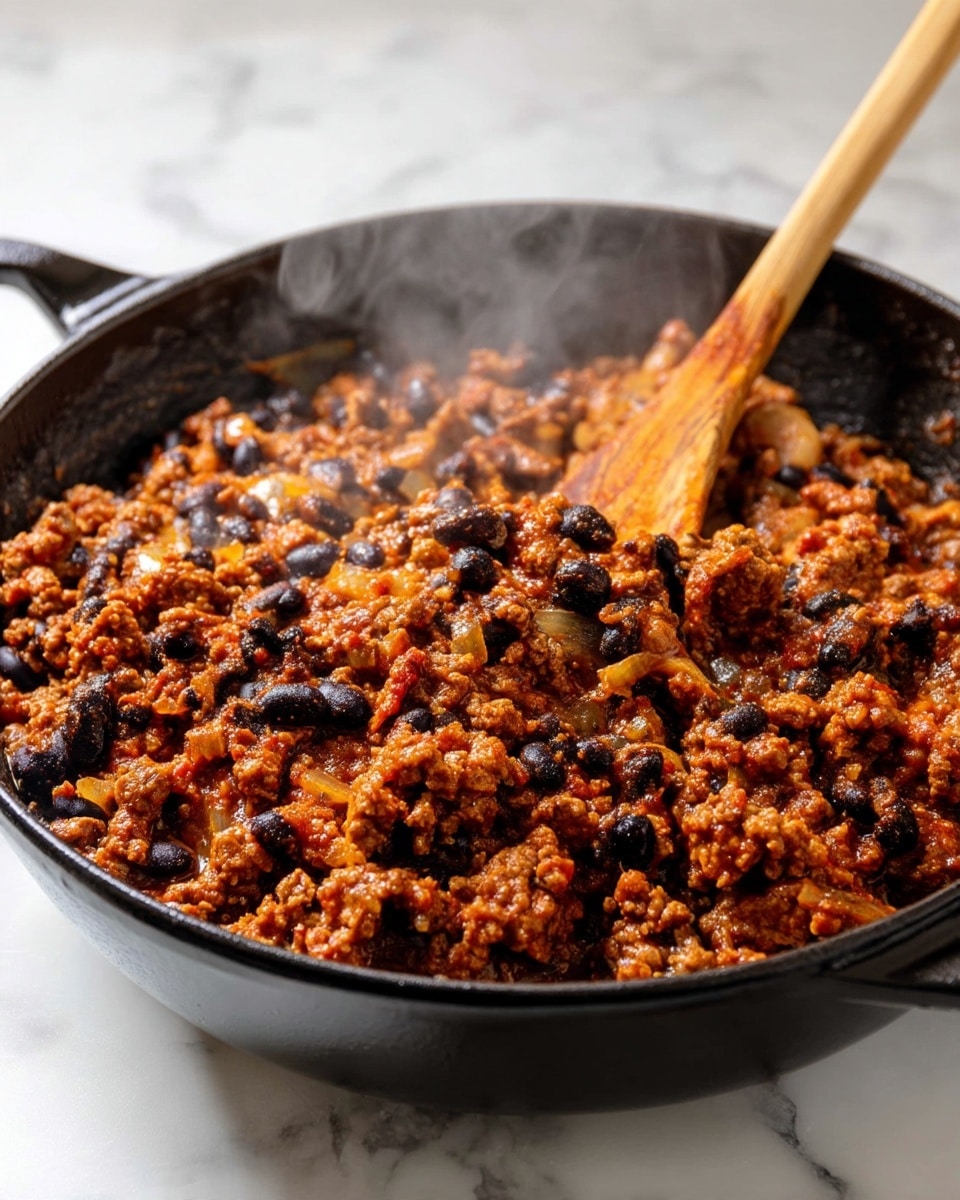 A large black cast iron pan filled with cooked ground meat mixed with black beans and small pieces of onion, all cooked together in a reddish-brown sauce. A wooden spoon is stirring the mixture inside the pan. The pan is placed on a white marbled surface. Steam rises from the hot food showing it is freshly cooked. photo taken with an iphone --ar 4:5 --v 7