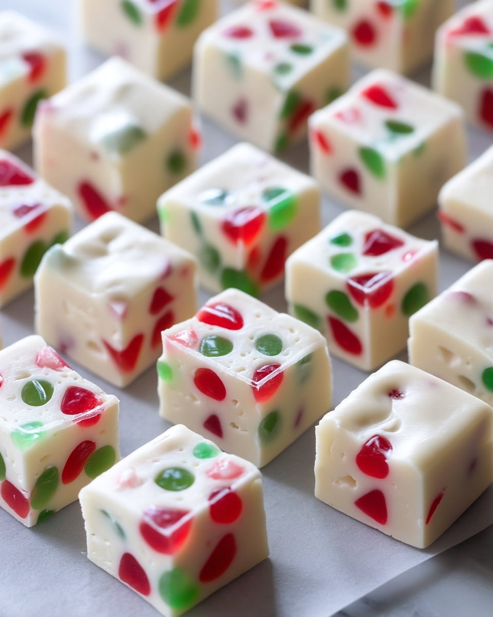 The image shows many small square pieces of white fudge with bits of red and green candy mixed inside. Each piece is smooth and glossy with a creamy white base, dotted evenly with translucent red and green candy pieces that add bright color pops. They are neatly placed on white parchment paper, arranged in rows, highlighting the contrast between the soft fudge and the sharp candy colors. The surface beneath the parchment is a white marbled texture, giving a clean and elegant feel to the whole scene. photo taken with an iphone --ar 4:5 --v 7
