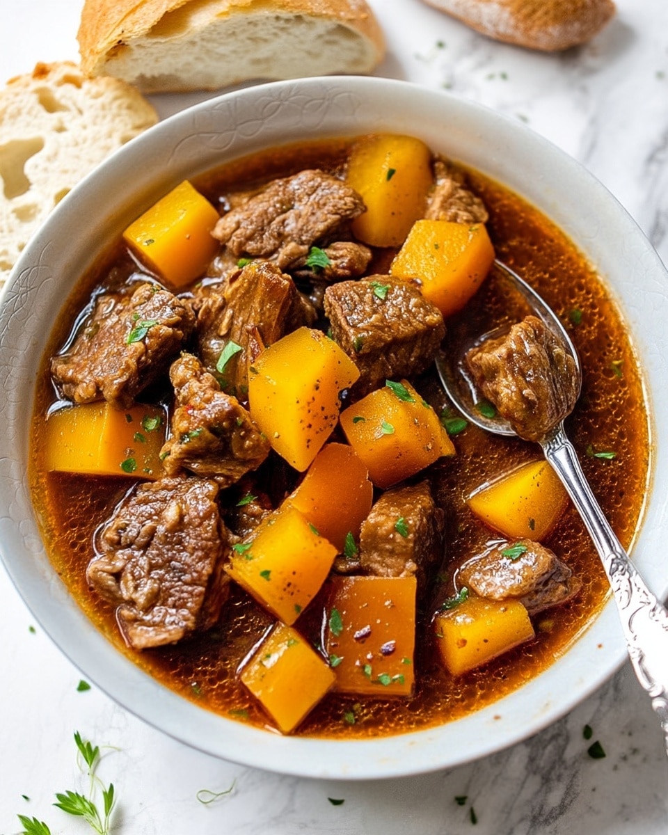 A white bowl filled with a stew that has two main layers: the first layer is bright orange cubes of cooked squash or pumpkin, and the second layer is tender dark brown pieces of beef mixed within a rich brown broth. The stew looks thick and glossy with some small green herb bits scattered on top. A silver spoon is placed inside the bowl resting on the stew. Next to the bowl, there are two slices of light tan bread on the white marbled surface. Another similar bowl is partially visible in the background, along with a small dark glass. A striped cloth napkin is folded near the front corner of the image. photo taken with an iphone --ar 4:5 --v 7