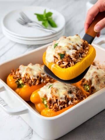 Stuffed Peppers with Ground Beef, Rice, and Melted Monterey Jack Cheese Recipe