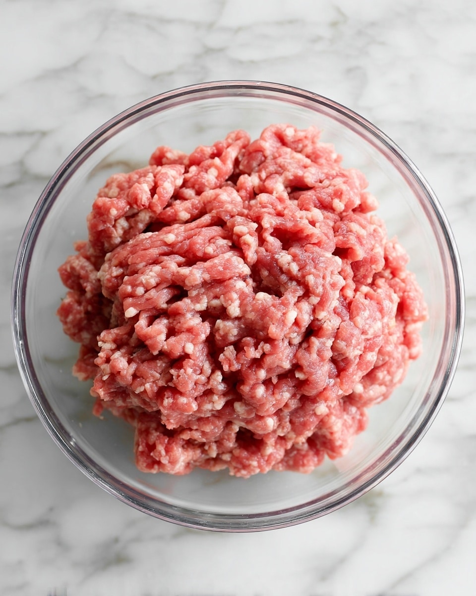 A clear glass bowl sits on a white marbled surface, filled with different ingredients separate in layers. On the top right is a large pile of raw red ground meat with a coarse texture. To its left is a pile of light beige breadcrumbs with a fine, grainy texture. Below them is a small portion of unfocused white rice with a soft grainy texture. Above the rice is a mustard-yellow sauce with a thick texture, next to a red chunky sauce. There are also some brownish and tan elements mixed in, forming distinct piles. The ingredients are all bright and separate, ready to be mixed. Photo taken with an iphone --ar 4:5 --v 7