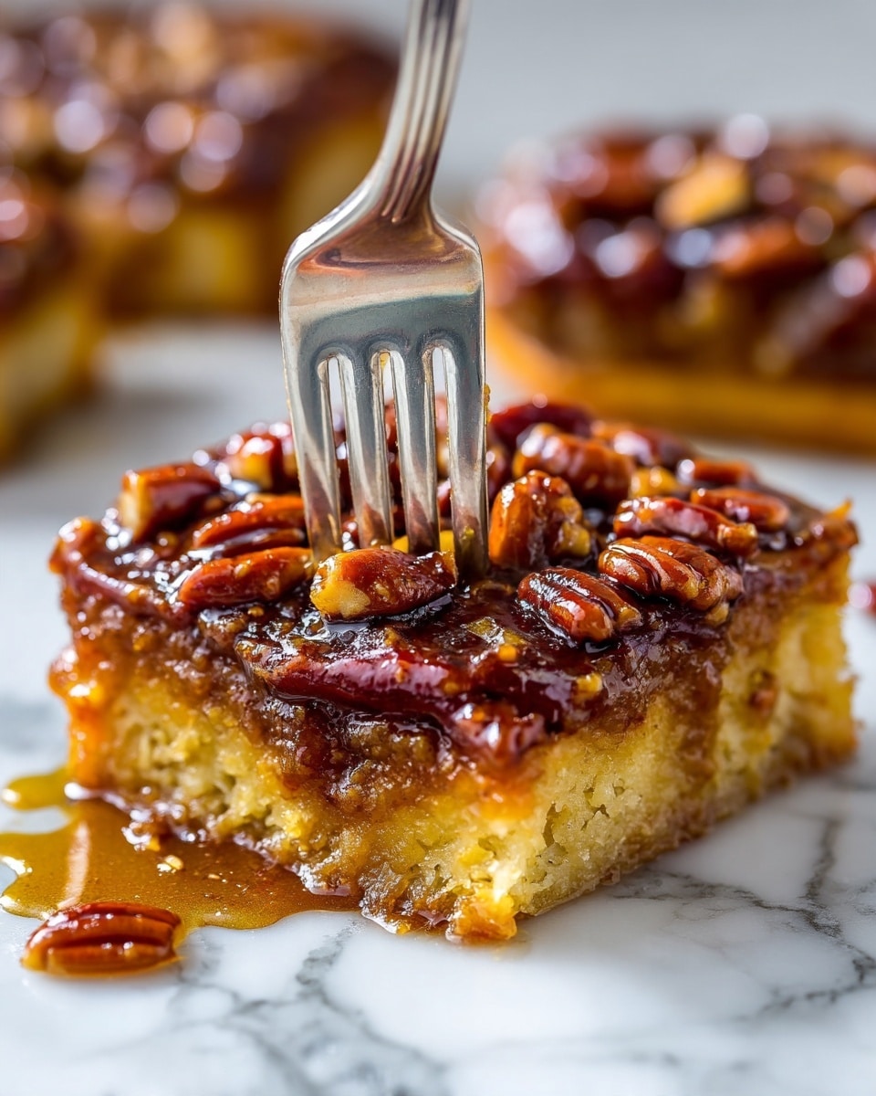 The image shows a single piece of sticky pecan pastry with a thick, shiny syrup glaze on top. The pastry has a golden brown base layer with a soft texture, topped by a layer of whole and chopped pecans that are dark brown and glossy. A silver fork is pressing into the pecan layer from above, slightly sinking in, emphasizing the sticky texture. In the blurred background, another similar pastry is visible. The pastry rests on a white marbled surface with syrup spread around it, enhancing the rich and sweet look. Photo taken with an iphone --ar 4:5 --v 7