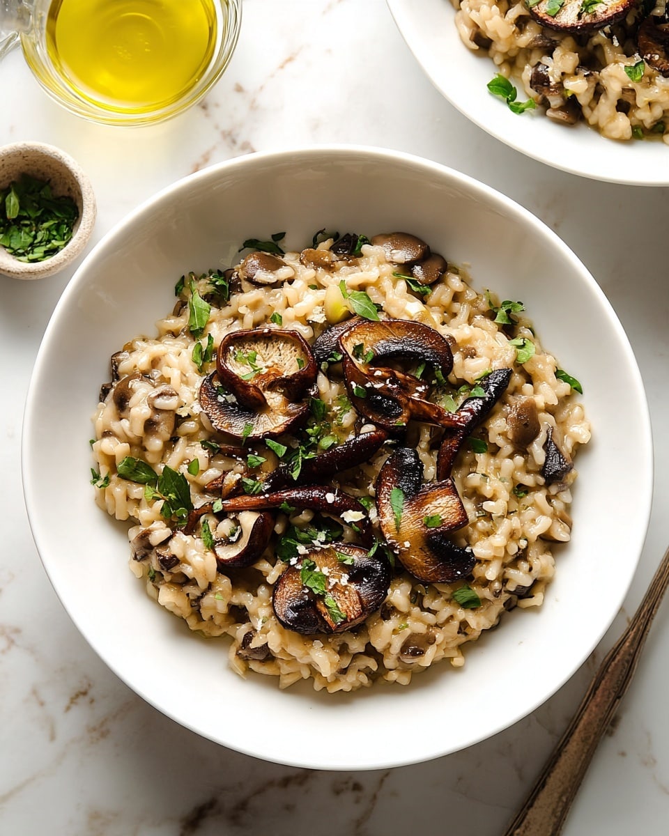 A bowl filled with creamy light brown mushroom risotto, topped with several cooked dark brown mushroom slices scattered evenly, and small bits of green herbs sprinkled over the dish. The risotto has a soft and slightly shiny texture, showing individual grains of rice mixed with pieces of mushrooms throughout. The bowl is white and placed on a white marbled surface with partial view of another bowl with the same dish and small bowls of olive oil and herbs nearby. Photo taken with an iphone --ar 4:5 --v 7