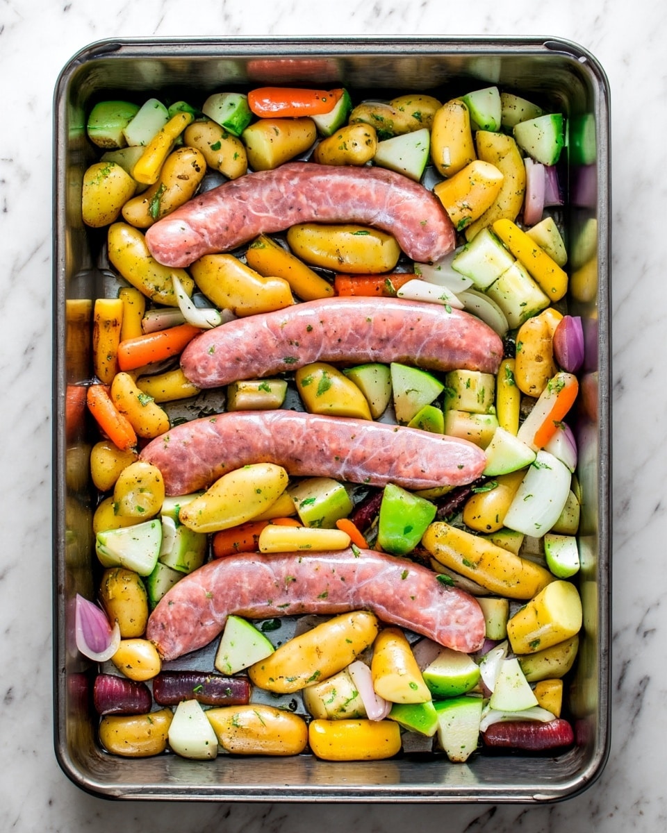 The image shows a baking tray filled with four pink raw sausages placed in a row horizontally. They are lying on a bed of small yellow potatoes, green zucchini chunks, sliced white onions, orange baby carrots, and a few purple pieces, all mixed and sprinkled with green herbs and black pepper. The colors are bright and natural, showing a fresh and uncooked look. The tray is set on a white marbled surface. photo taken with an iphone --ar 4:5 --v 7