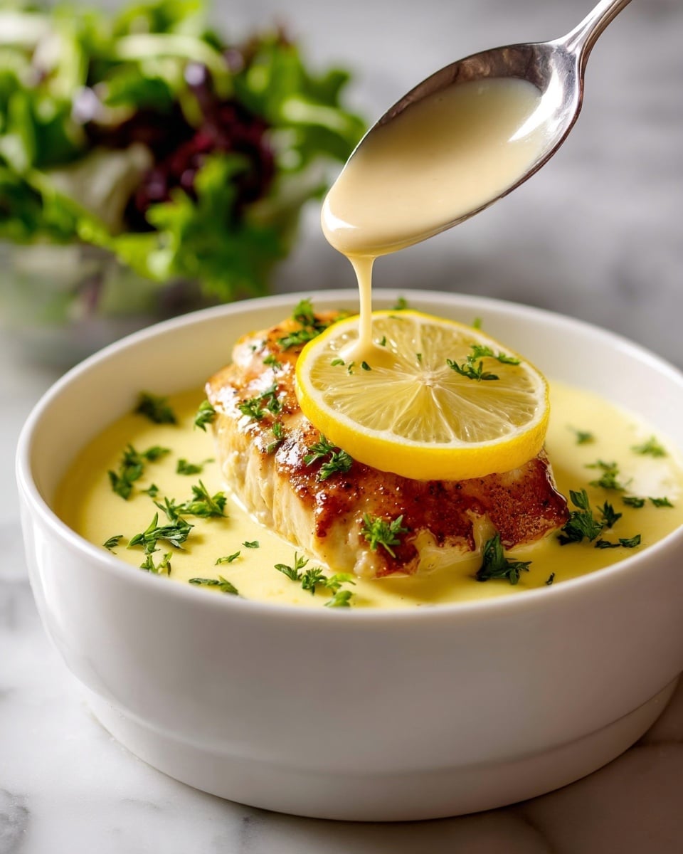 A white bowl holds a layered dish starting with a smooth, creamy yellow base topped by a thick, light brown cooked piece of meat. On top of the meat, a slice of bright yellow lemon rests partly covered with a light beige sauce being poured from a spoon. Small green herbs, likely parsley, are sprinkled over the meat and sauce. In the background, some leafy green salad adds a splash of fresh color. The whole scene sits on a white marbled surface. photo taken with an iphone --ar 4:5 --v 7