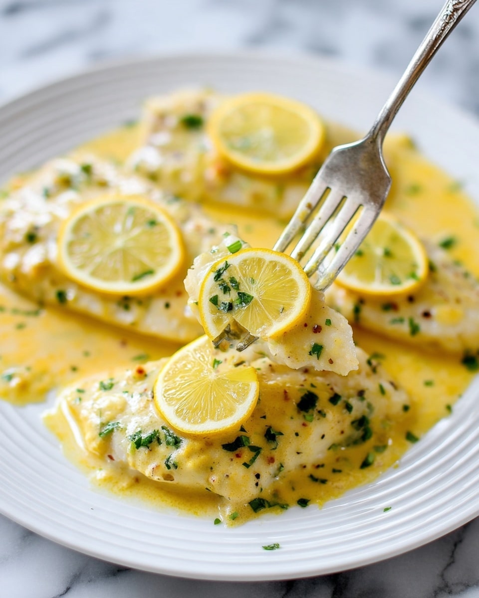 The image shows several light golden fish fillets partially covered in a creamy, yellow sauce with small green herb flakes sprinkled on top. Each fillet has a thin lemon slice placed on it, adding a bright yellow spot to the soft-colored dish. A silver fork is lifting one fillet from the white plate with gentle ridges of sauce visible underneath the fish. The background is a white marbled texture, emphasizing the warm creamy tones of the sauce and the fresh lemon slices. photo taken with an iphone --ar 4:5 --v 7