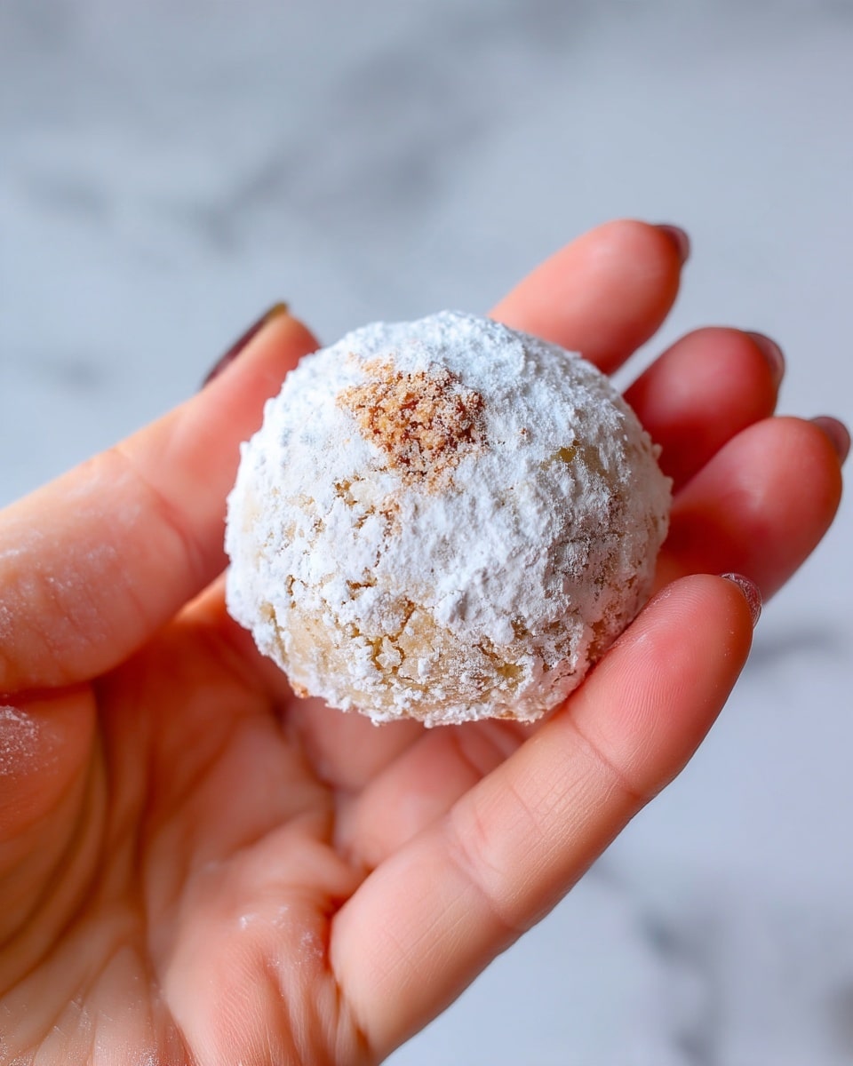 A close-up image shows a woman's hand gently holding a small round cookie covered in white powdered sugar with a light brown spot on top. The cookie has a soft, slightly cracked texture and looks soft inside. The background is a white marbled texture that softly blurs out, keeping the focus on the cookie and the hand. photo taken with an iphone --ar 4:5 --v 7