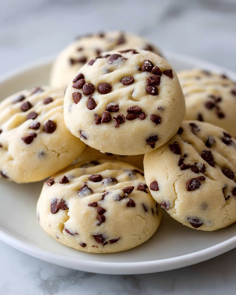 A cluster of round, soft cookies with a light tan color and small, dark brown chocolate chips scattered evenly throughout each cookie is shown. The cookies have a slightly puffy texture with some gentle cracks on the surface. They are stacked casually on a white plate with a smooth edge, placed on a white marbled surface. The focus is on one cookie at the center, which looks thick and soft with chocolate chips protruding slightly, while the other cookies are placed around it, slightly blurred in the background. Photo taken with an iphone --ar 4:5 --v 7