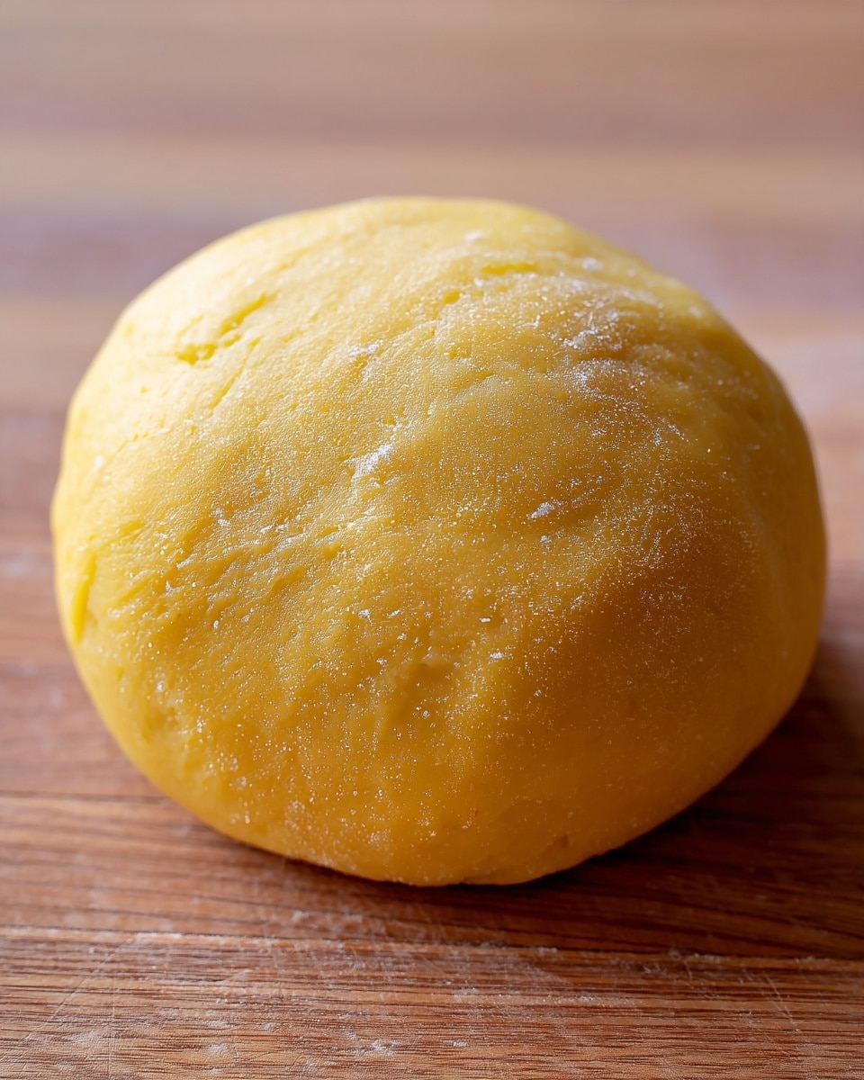 A single round ball of smooth yellow dough rests on a wooden surface. The dough looks soft with a slightly shiny texture and some gentle creases on its sides. The background is plain and the dough is centered in the image. photo taken with an iphone --ar 4:5 --v 7