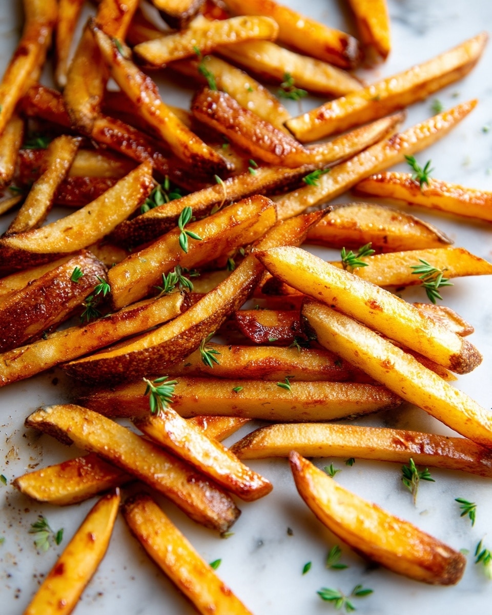 The image shows a close-up of many long, thin fries arranged unevenly on a white marbled surface. The fries have a golden brown color with a slightly shiny texture from oil or seasoning. Small green herb leaves are scattered over the fries, adding a fresh touch. The lighting highlights the crispy and well-cooked surface of each fry, giving them a warm and appetizing look. photo taken with an iphone --ar 4:5 --v 7