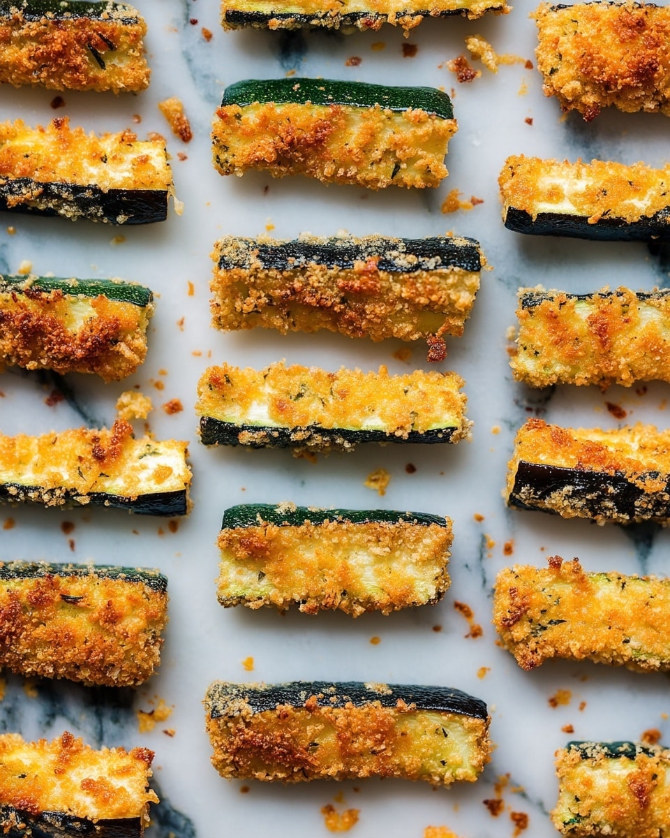The image shows many pieces of fried zucchini sticks arranged in neat rows on a white marbled surface. Each zucchini stick has two layers: a dark green skin base visible on the bottom and sides, and a thick, golden-brown, crispy breaded coating covering the entire stick, giving a crunchy texture. Some crumbs and small pieces of the crispy coating are scattered around on the white marbled surface. The pieces are aligned closely but not touching each other. photo taken with an iphone --ar 4:5 --v 7