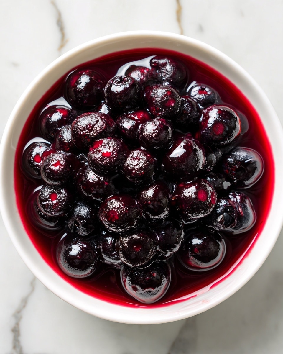 A close-up view of a white bowl filled with dark purple blueberries, some whole and some slightly broken, soaking in a thick, shiny, deep reddish-purple syrup. The berries look fresh and juicy, and the syrup has a glossy texture that reflects light. The edges of the bowl have some purple stains from the syrup, showing the rich color of the fruit mixture. The bowl sits on a white marbled surface. photo taken with an iphone --ar 4:5 --v 7