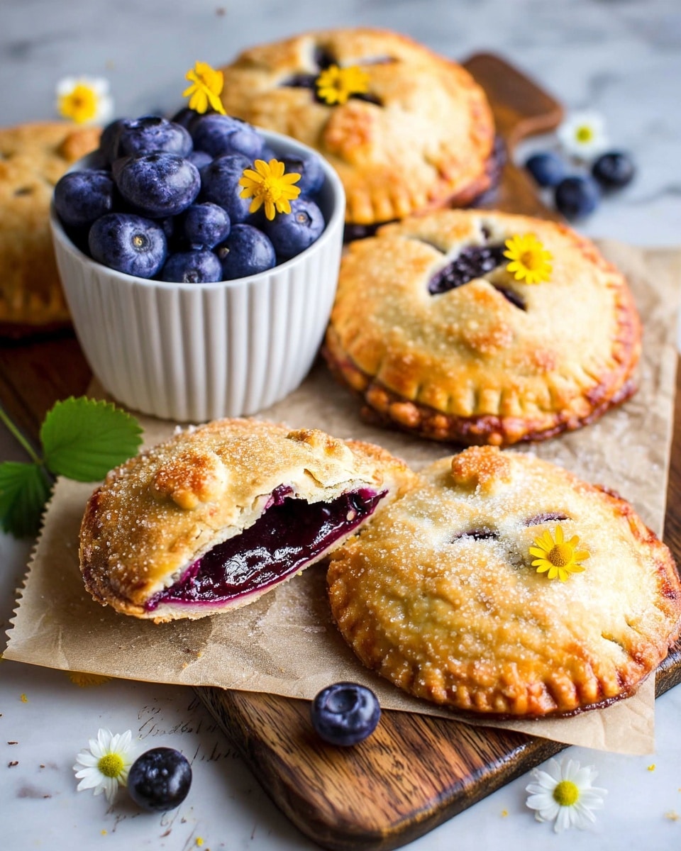 A group of round hand pies with golden brown, crisp crusts sits closely together on vintage newspaper. Each pie has about two layers of thick crust with a slightly rough texture and crimped edges forming a neat border. Some pies show dark purple blueberry filling bursting through cracks in irregular, jagged shapes at the tops. Scattered fresh blueberries in deep blue with a smooth, shiny surface lie around the pies, along with small bright yellow edible flowers adding pops of color. The background is a white marbled texture that brightens the entire scene. photo taken with an iphone --ar 4:5 --v 7