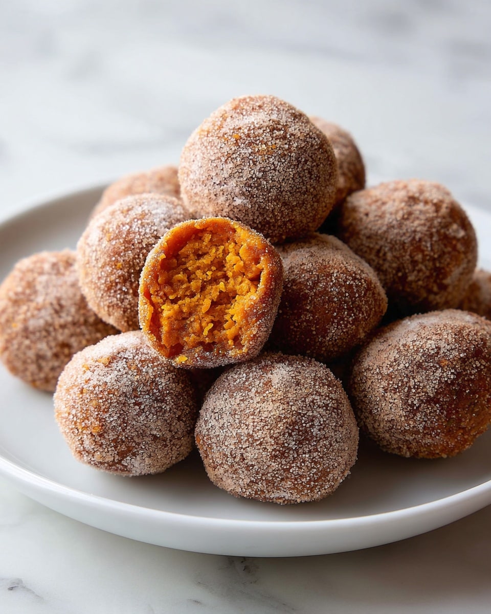 The image shows a group of round, brown balls covered in sugar. They are placed closely together on a white marbled surface. Some of the balls are broken open, showing a soft, orange inside with a crumbly texture. The sugar coating looks rough and grainy, while the inside looks dense and moist. photo taken with an iphone --ar 4:5 --v 7