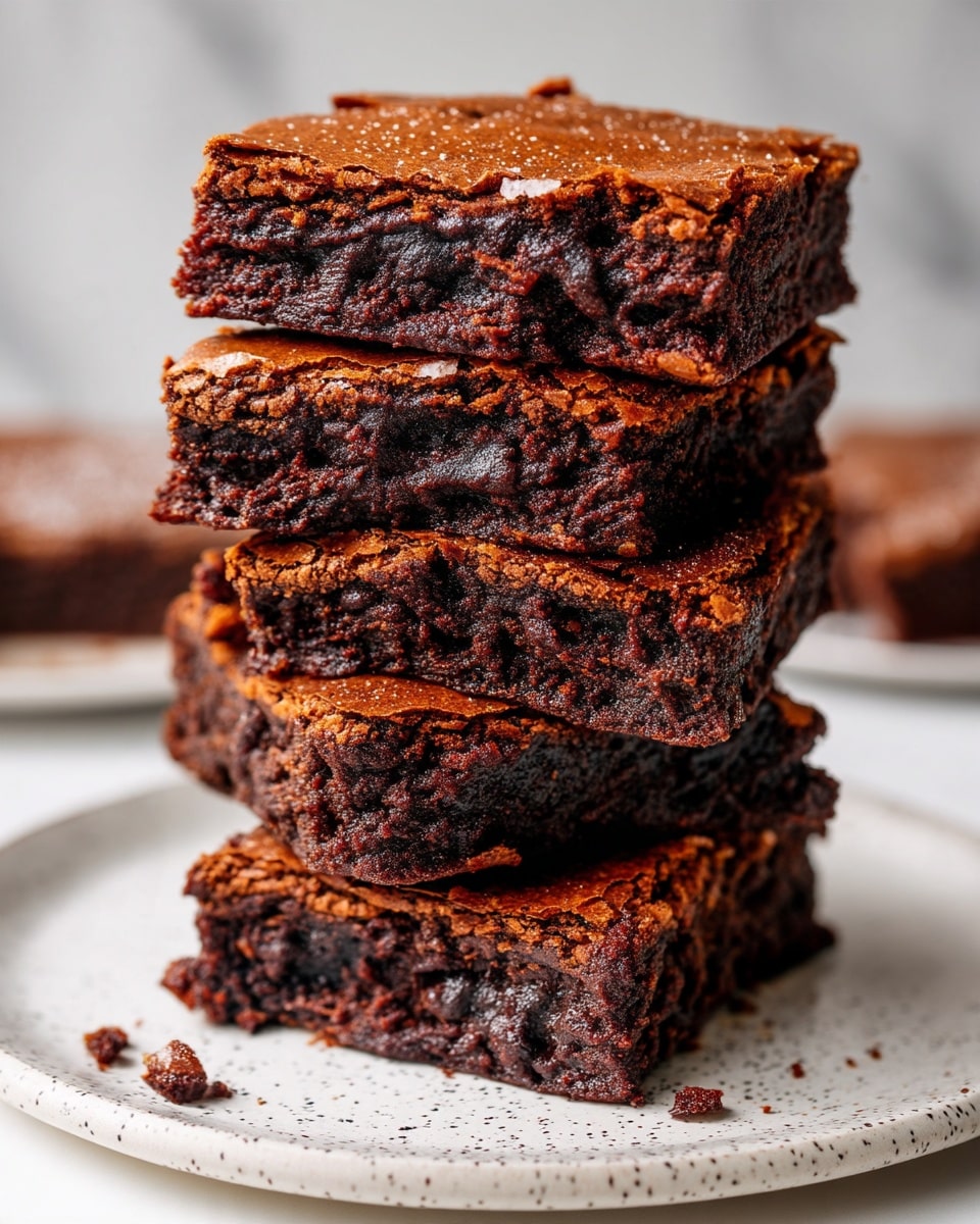 A stack of five thick, square chocolate brownies is shown close up on a white speckled plate. Each brownie has a dark brown, slightly cracked top layer with a rough texture, and the inside looks moist and dense with a rich chocolate color. The edges have a slightly lighter, crispier look, giving contrast to the softer middle. Small crumbs are visible around the stack on the plate. The background is blurred but shows a white marbled surface. photo taken with an iphone --ar 4:5 --v 7