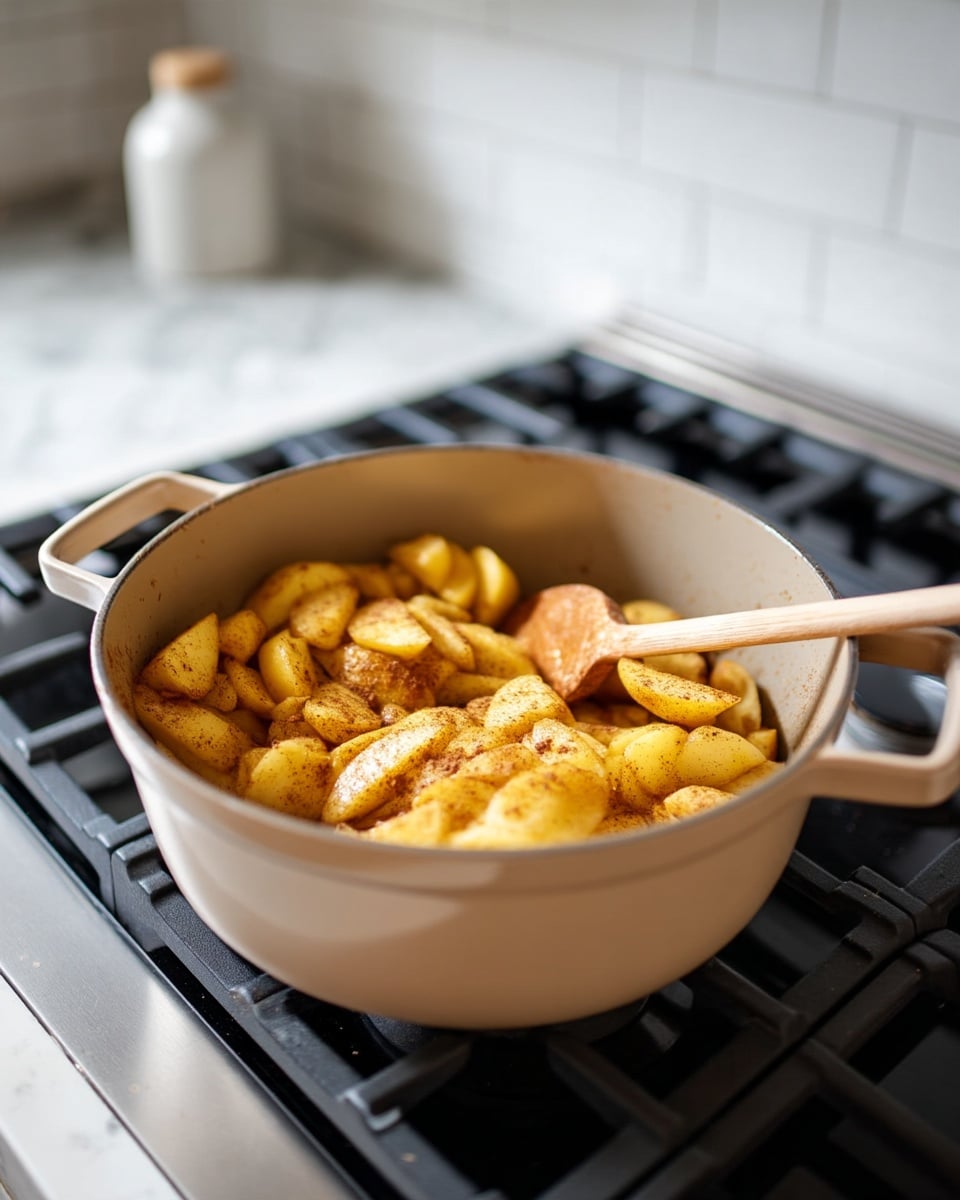 A beige pot sits on a black gas stove with a white marbled surface below, filled with a mix of yellow apple slices coated in cinnamon brown spices. A wooden spoon with a light texture rests inside the pot, stirring the soft, chunky apple pieces. The background shows a white tiled wall with soft natural light. photo taken with an iphone --ar 4:5 --v 7