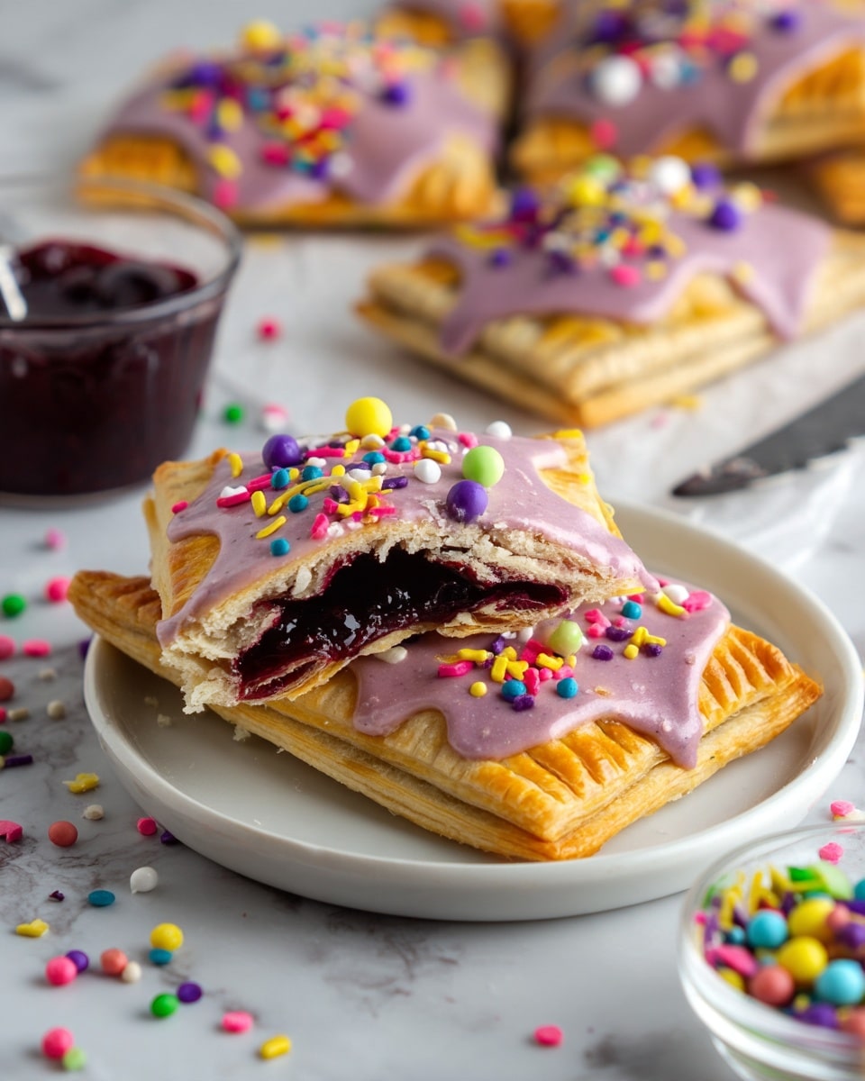 A close-up of two square pastries stacked on a white plate, each pastry has a golden, flaky crust with a purple glaze layer on top, decorated with colorful round and elongated sprinkles in yellow, pink, blue, green, and purple. One pastry is broken in half showing a dark purple, shiny fruit filling inside. In the blurred background, more pastries with the same glaze and sprinkles are scattered on white parchment paper. A silver knife lies beside the pastries on the white marbled surface, with a small glass bowl filled with extra sprinkles placed nearby. Photo taken with an iphone --ar 4:5 --v 7
