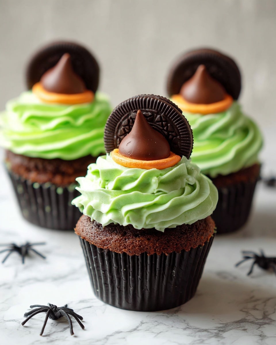 Three chocolate cupcakes with thick, swirled bright green frosting as the first layer, covering the top of each cupcake. On top of the frosting, a single dark chocolate sandwich cookie adds a flat, round layer. Above the cookie, a small ring of orange frosting creates a thin middle layer. At the very top, a chocolate kiss candy sits pointed upwards, acting as the final layer. The cupcakes sit on a white marbled surface with small black spider decorations partially visible in the background. photo taken with an iphone --ar 4:5 --v 7