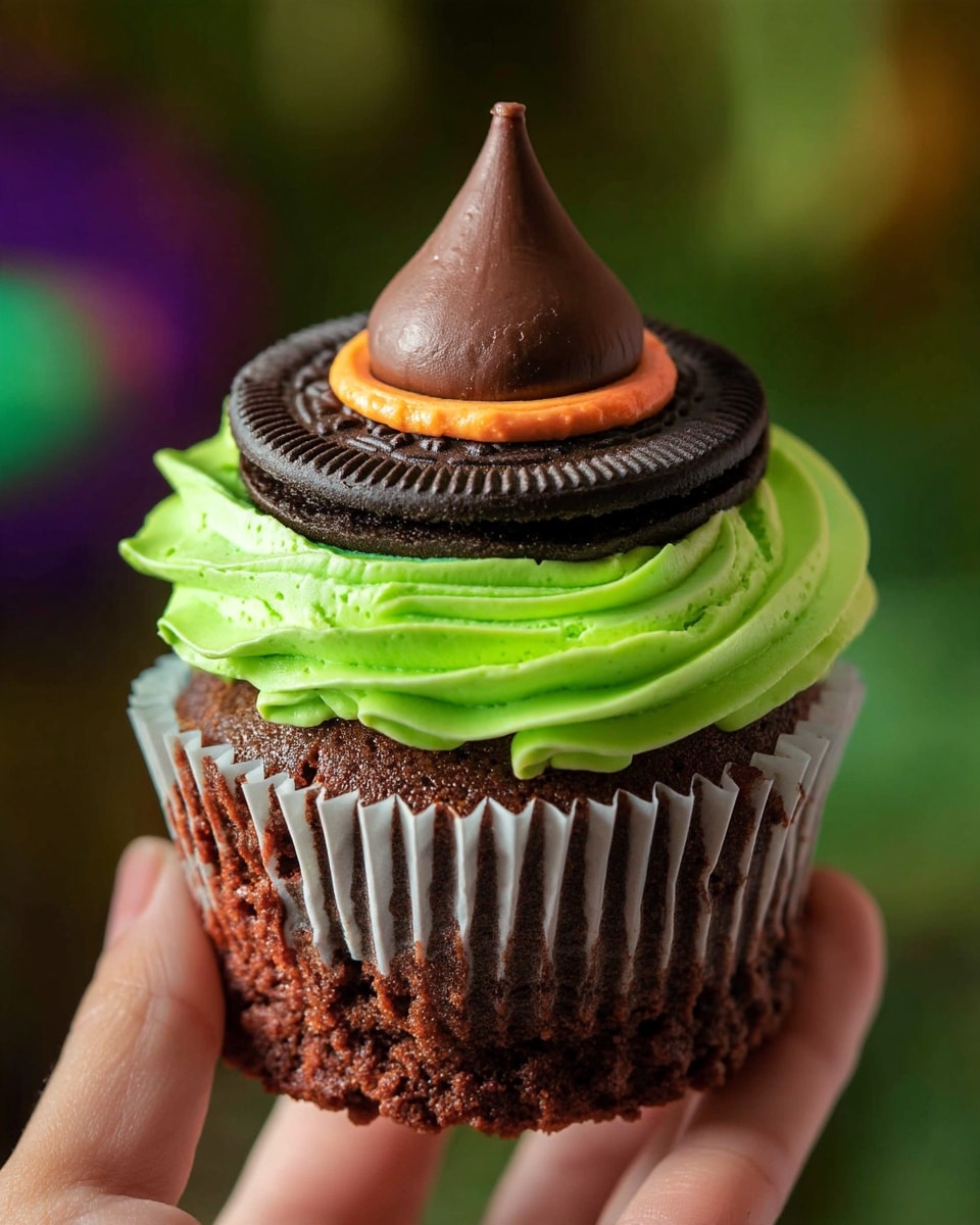 A chocolate cupcake with four layers is held by a woman's hand. The bottom layer is the dark brown cupcake with a rough texture, partially wrapped in a white ridged paper liner that is peeling away. Above the cupcake is a thick swirl of bright green creamy frosting, smooth and slightly shiny. On top of the green frosting sits a dark brown Oreo cookie with a textured top. A small ring of orange icing, smooth and bright, is spread on the Oreo cookie. The top layer is a dark brown chocolate drop shaped like a small cone, placed in the center of the orange icing. The background is softly blurred with green and purple colors and the focus is sharp on the cupcake. Photo taken with an iphone --ar 4:5 --v 7