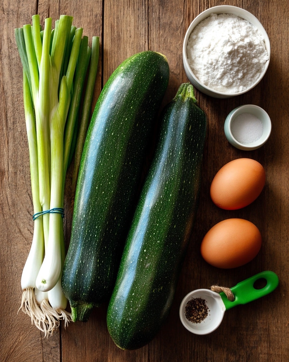 Two large dark green zucchinis lie side by side on a wooden surface next to a small tied bunch of fresh green onions with white bulbs and green stalks. To the right, two brown eggs rest near three small white cups placed on the wooden surface, one filled with white salt, another with black pepper, and a third red cup containing baking powder. A green measuring spoon filled with white flour completes the scene, all arranged neatly on a wood-textured background. photo taken with an iphone --ar 4:5 --v 7