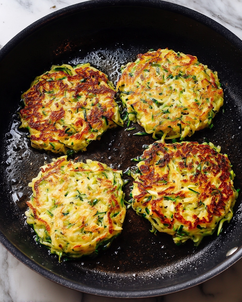 The image shows four golden-brown zucchini pancakes cooking in a black skillet. Each pancake is round but slightly uneven in shape with visible green zucchini strands and small bits of herbs mixed into the light yellow batter. The pancakes have a crispy, lightly browned texture on the bottom edges, while the tops are soft and still cooking. The skillet itself has some light oil glistening around the pancakes. The background is a white marbled surface. Photo taken with an iphone --ar 4:5 --v 7