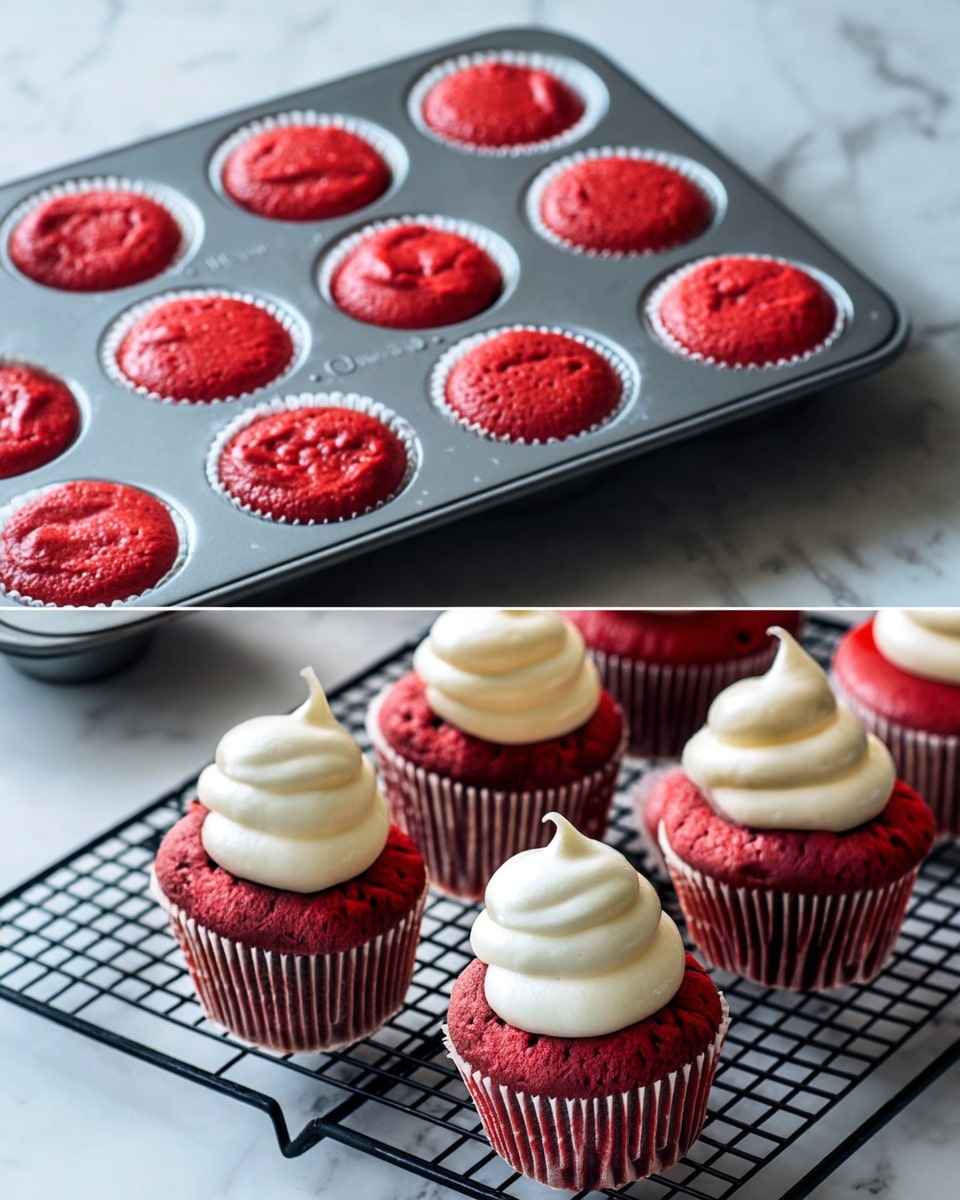 The image shows two metal cupcake trays on a white marbled surface; the left tray has twelve cups filled with bright red cupcake batter, each cup lined with white paper and filled unevenly before baking, while the right tray holds twelve fully baked red cupcakes with smooth rounded tops, also in white paper liners. Below, a close-up of three red cupcakes arranged on a black cooling rack is visible, each topped with a thick, creamy, white frosting swirled in two layers ending in a soft peak. The cupcakes have a slightly textured surface with tiny holes and a rich red color. Photo taken with an iphone --ar 4:5 --v 7