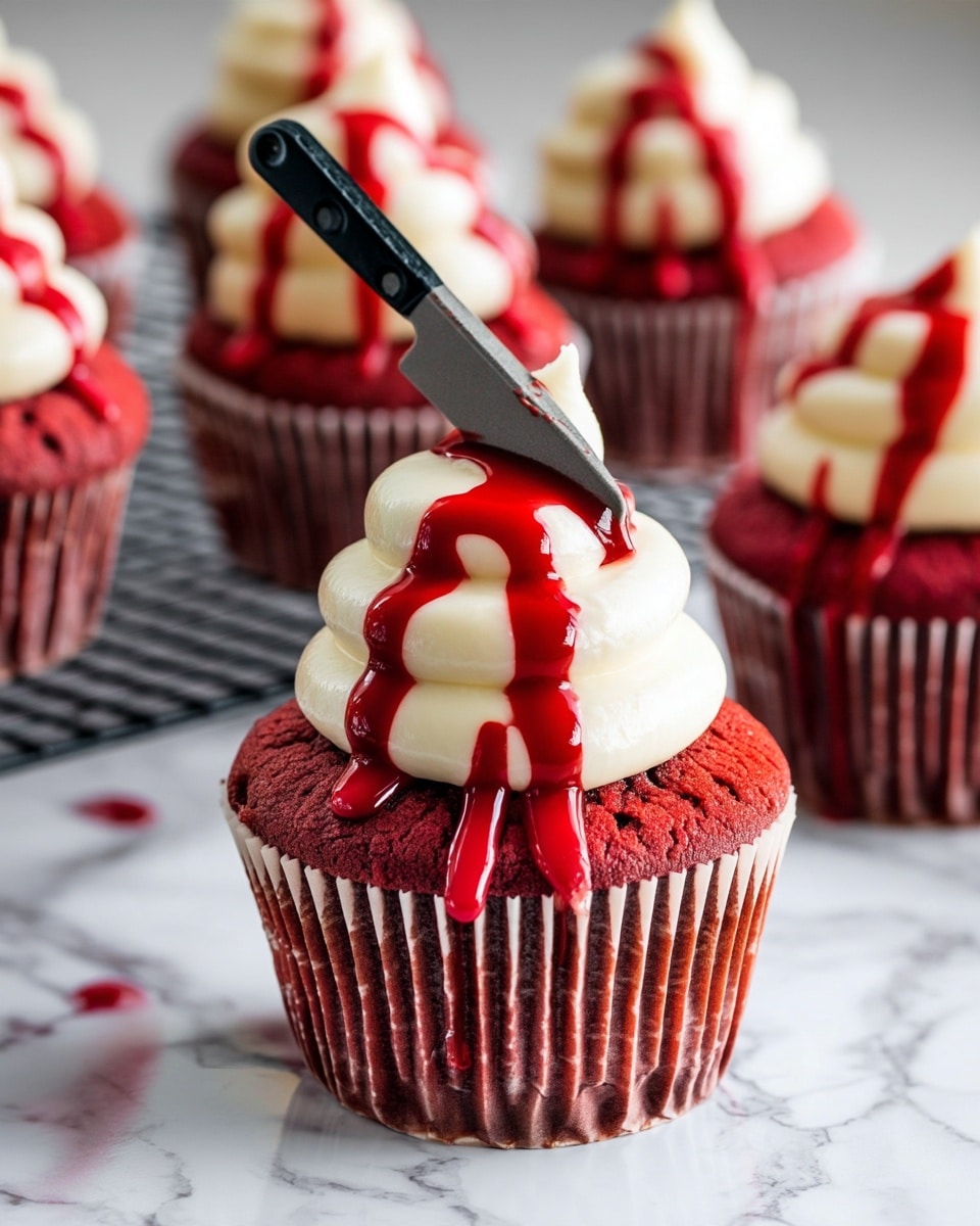 There are four red velvet cupcakes placed inside a rustic round basket that looks like a pumpkin, with a white marbled surface in the background. Each cupcake has a base layer of deep red cake, topped by a thick swirled layer of light cream-colored frosting. Bright red syrup is drizzled over the frosting to look like dripping, and a small knife is stuck upright in the frosting of each cupcake. Around the pumpkin basket, there are some green shredded paper pieces for decoration. The overall look is spooky and festive, perfect for Halloween. photo taken with an iphone --ar 4:5 --v 7