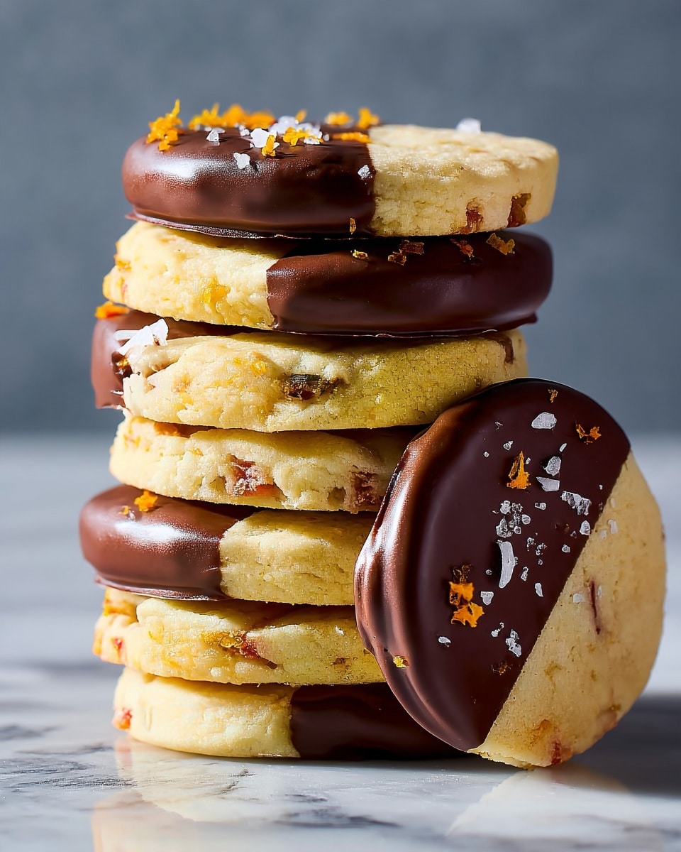 A stack of seven round cookies is shown against a white marbled surface with a gray background. Each cookie has a pale yellow base with small bits of dried fruit or nuts visible throughout the dough. The bottom half of each cookie is dipped in dark chocolate, covering the edge smoothly with a glossy finish. The cookie leaning on the stack displays coarse sea salt flakes and small orange zest pieces sprinkled on the chocolate-covered part, adding texture and color contrast. The cookies are thick and slightly crumbly looking, with the chocolate layer making a clear division between the yellow dough and the dark glossy covering. Photo taken with an iphone --ar 4:5 --v 7