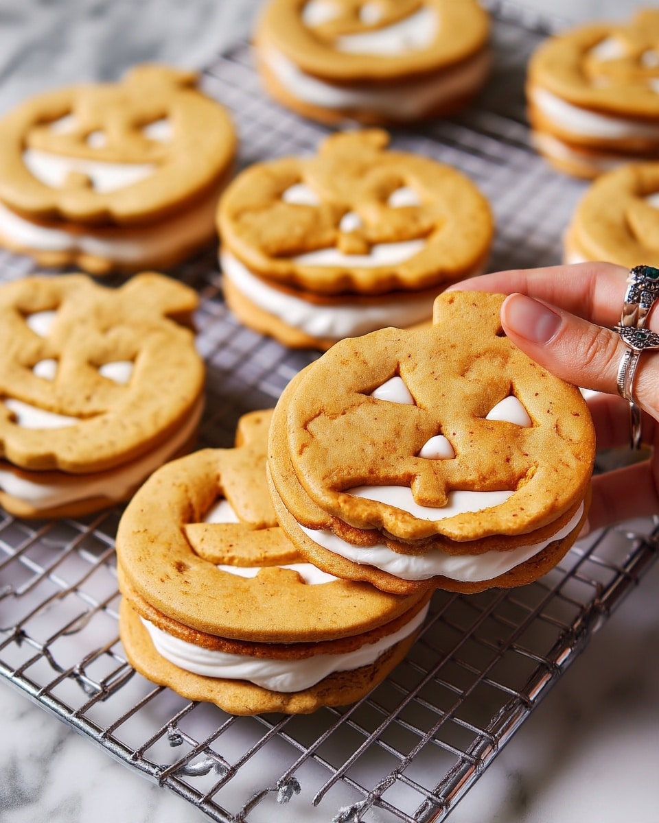 The image shows several pumpkin-shaped cookies with a light brown color. Each cookie has three layers: a top and bottom cookie layer with carved out eyes and mouth shapes to look like jack-o-lantern faces, and a middle white creamy filling layer. The cookies are placed on a silver wire cooling rack over a white marbled surface. A woman's hand with a silver ring with a green stone is picking up one of the cookies from the rack. The overall feel is warm and festive. photo taken with an iphone --ar 4:5 --v 7