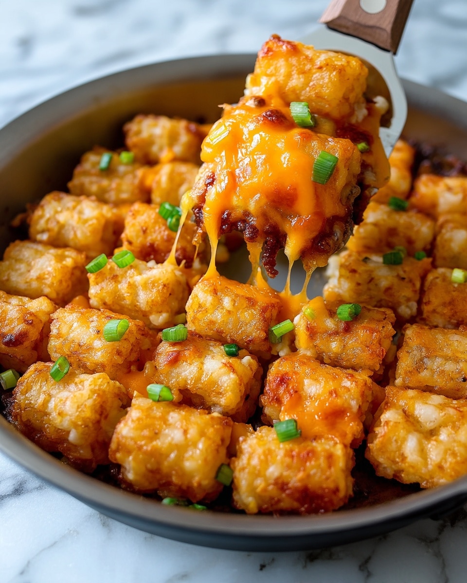 A close-up image of a cooked dish showing several cube-shaped pieces of crispy golden tater tots arranged tightly in a pan. The tater tots have melted orange cheese on top, stretching slightly as one piece is lifted by a spatula with a wooden handle. Small bits of green onions are sprinkled across the top, adding a touch of green color. The tater tots have a crunchy texture, with crispy edges and a soft inside visible in some pieces. The pan is placed on a white marbled surface. photo taken with an iphone --ar 4:5 --v 7