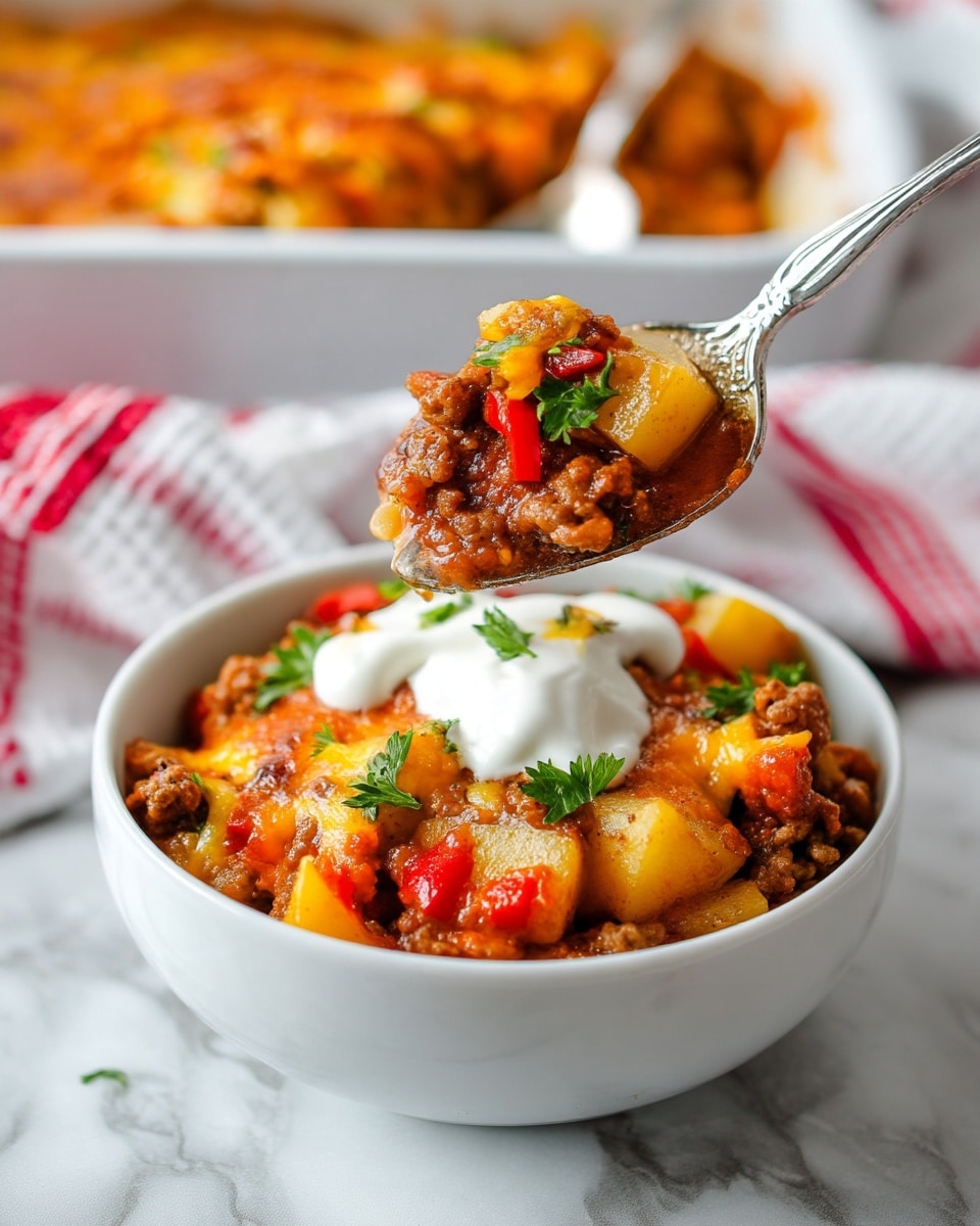 A white bowl filled with a layered dish consisting of a bottom layer of cooked ground meat mixed with diced vegetables including red peppers and potatoes, topped with a melted golden-brown cheese layer that looks slightly crispy. On top of the cheese, there are dollops of white sour cream and small sprigs of green parsley for garnish. A silver spoon lifted above the bowl shows a close-up of a spoonful with visible layers of meat, a potato cube, some melted cheese, sour cream, and parsley, all vibrant in color. The background features a white casserole dish filled with more of the same baked dish and a white cloth with red stripes, all set on a white marbled surface. Photo taken with an iphone --ar 4:5 --v 7