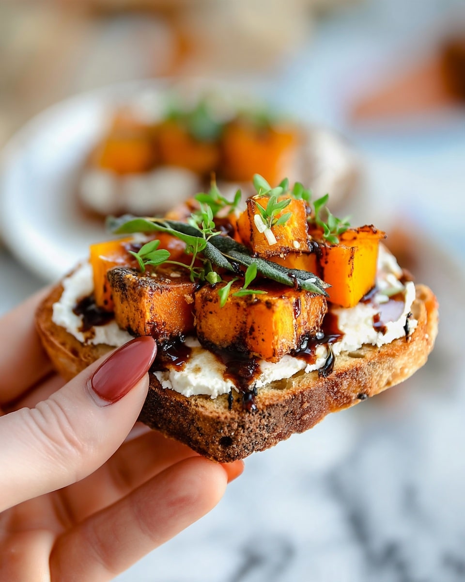 A woman's hand with light skin and pink nails holds a small piece of toasted brown bread as the base layer, topped with a creamy white spread. On top of this spread are bright orange roasted cubes, possibly pumpkin or squash, garnished with fresh green herbs and a drizzle of dark brown sauce. The background shows a soft blur with a white marbled texture underneath. Photo taken with an iphone --ar 4:5 --v 7