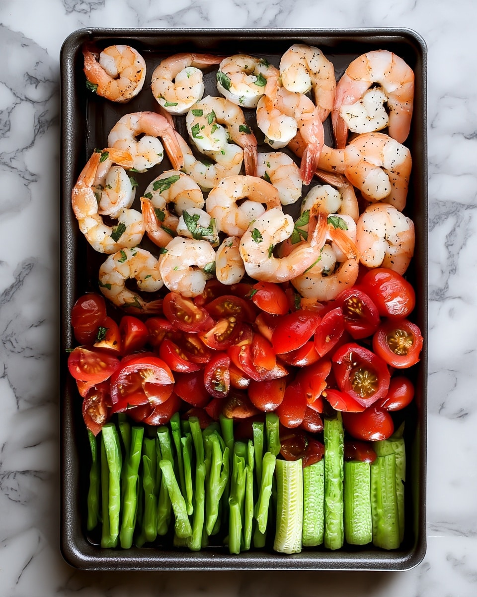 The image shows a tray with three layers of food arranged side by side. The top layer is made up of cooked shrimp with pink and white tones, sprinkled lightly with green herbs and black pepper, with tails still attached. Below the shrimp is a layer of halved cherry tomatoes, showing bright red color with juicy textures. At the bottom is a neat line of green chopped vegetables, likely asparagus or similar, cut into small stick shapes. The tray is placed on a white marbled surface. Photo taken with an iphone --ar 4:5 --v 7