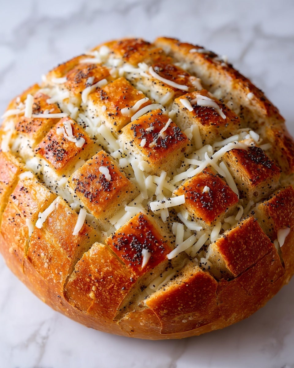 A round loaf of bread with a golden-brown crust is shown with deep crisscross cuts making a grid pattern on top. Inside the cuts, there are thin strips of white shredded cheese and small black poppy seeds sprinkled evenly. The bread sits on a white marbled surface, highlighting its texture and the cheese between the layers. photo taken with an iphone --ar 4:5 --v 7