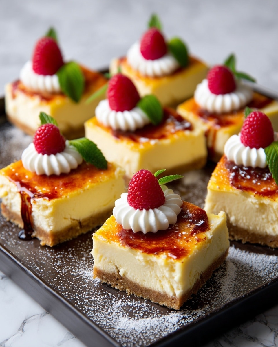 There are eight square pieces of cheesecake placed on a black baking tray dusted lightly with powdered sugar, each cheesecake has three visible layers: a light golden brown top layer with a slightly caramelized texture, a creamy white middle layer, and a light brown base layer. Six of the pieces are decorated with a dollop of white whipped cream, a bright red raspberry on top, and a small fresh green mint leaf. The cheesecake pieces are arranged in a scattered pattern on the tray, with one piece showing a side view that clearly reveals all three layers. The white marbled texture is slightly visible around the edges of the tray. Photo taken with an iphone --ar 4:5 --v 7