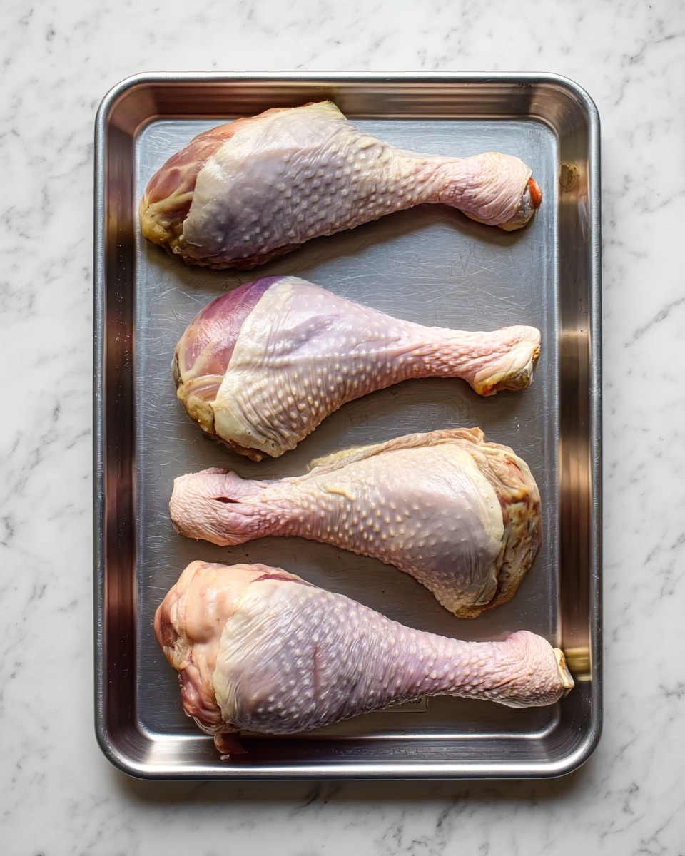 A metal tray holds four raw turkey drumsticks arranged in two rows. The top row has two large drumsticks with light greyish skin and a slightly purple tint near the thick ends. The bottom row has two drumsticks with similar coloring but slightly different shapes, all showing textured, bumpy skin. The tray is placed on a white marbled surface. photo taken with an iphone --ar 4:5 --v 7