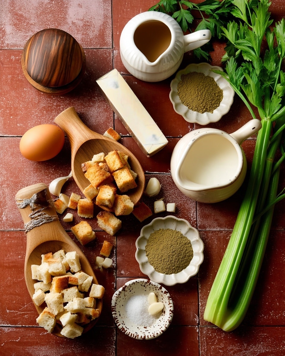 The image shows several cooking ingredients laid out on a reddish tiled surface with green parsley and celery stalks for decoration. In the center, a wooden scoop holds small light brown bread cubes. Around it are small white scalloped bowls filled with greenish and light brown powders, a ceramic white jug with milk, a bigger round white container with a wooden lid holding salt, and a small bowl with four cloves of garlic. Next to the bread cubes are three slices of light tan bread and a whole white onion. An egg rests near the celery stalks, and a white ceramic pitcher filled with light brown liquid is at the top. The image is bright and clear, styled naturally with a rustic feel. Photo taken with an iphone --ar 4:5 --v 7