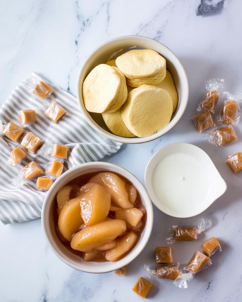 The image shows a top view of three white bowls on a white marbled surface. The first bowl contains light golden biscuit rounds, with a soft and slightly crumbly texture, stacked loosely together. The second bowl holds warm, caramel-colored cooked apple slices in syrup, with a glossy and tender look, layered to fill the bowl. The third bowl has a small amount of white cream or milk, smooth and liquid. Around the bowls are scattered wrapped caramel candies, with some resting on a striped cloth in gray and white tones next to the bowls. The photo taken with an iphone --ar 4:5 --v 7