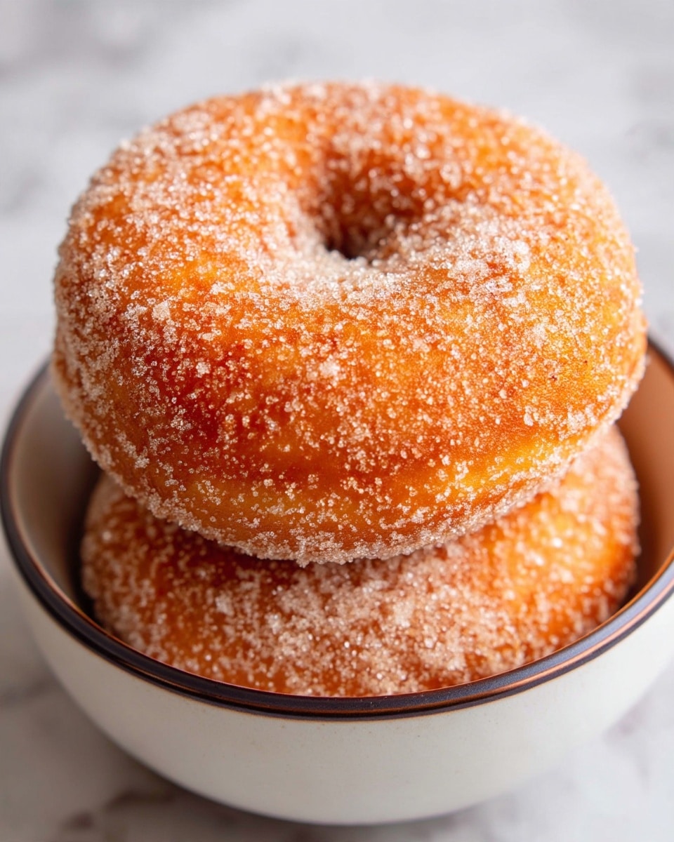 The image shows a row of five sugar-coated doughnuts placed inside a white oval dish, arranged closely in a line. The doughnuts are golden brown with a rough texture from the sprinkled white sugar crystals covering their surface. The first doughnut in the front has a bite taken out of its side, revealing a soft, light yellow inside. The background features a white marbled surface that contrasts with the warm tones of the doughnuts. Photo taken with an iphone --ar 4:5 --v 7