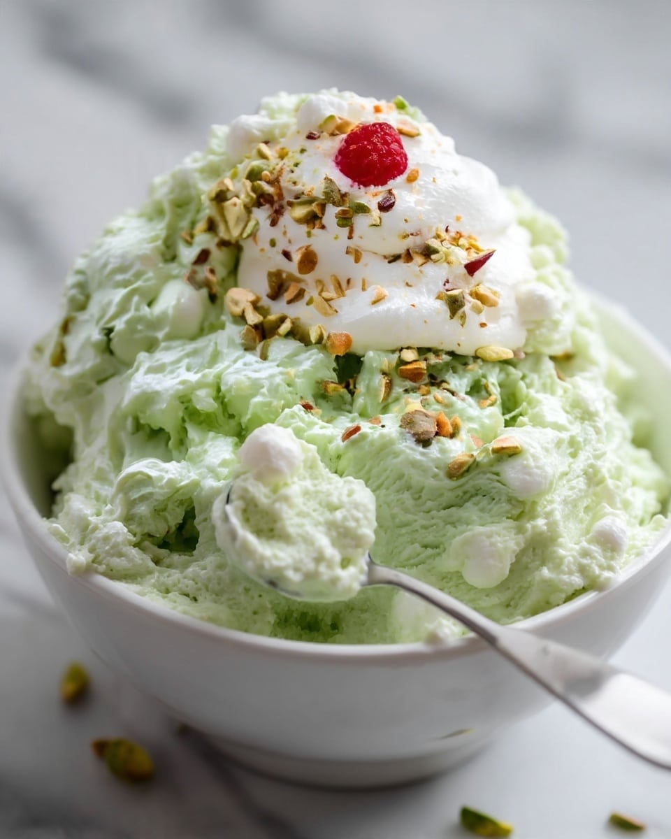 A close-up image of a light green, fluffy dessert with a creamy texture, piled high in a white bowl. The dessert has visible small round white pieces mixed into the green base, giving it a chunky, airy look. On top, there is a dollop of white whipped cream with sprinkled crushed pistachio nuts and a small red dot garnish, adding a touch of color and texture contrast. A silver spoon is scooping up some of the green dessert, emphasizing its soft, airy quality. The entire scene is placed on a white marbled surface. photo taken with an iphone --ar 4:5 --v 7