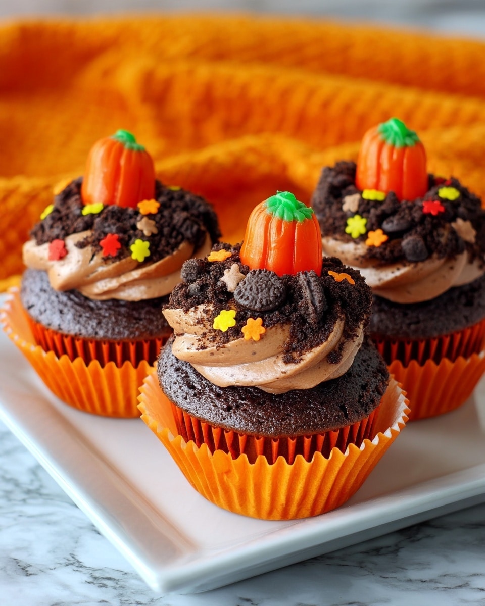 The image shows three chocolate cupcakes on a white rectangular plate placed on a white marbled surface. Each cupcake has three layers: a dark brown chocolate cake base in orange paper liners, a swirl of light brown chocolate frosting on top, and a layer of crumbled dark chocolate cookie crumbs sprinkled over the frosting. Small colorful flower-shaped sprinkles in yellow, orange, and red are scattered on the cookie crumbs. Each cupcake is topped with a small orange candy shaped like a pumpkin with a green stem. The background features a bright orange textured fabric. Photo taken with an iphone --ar 4:5 --v 7