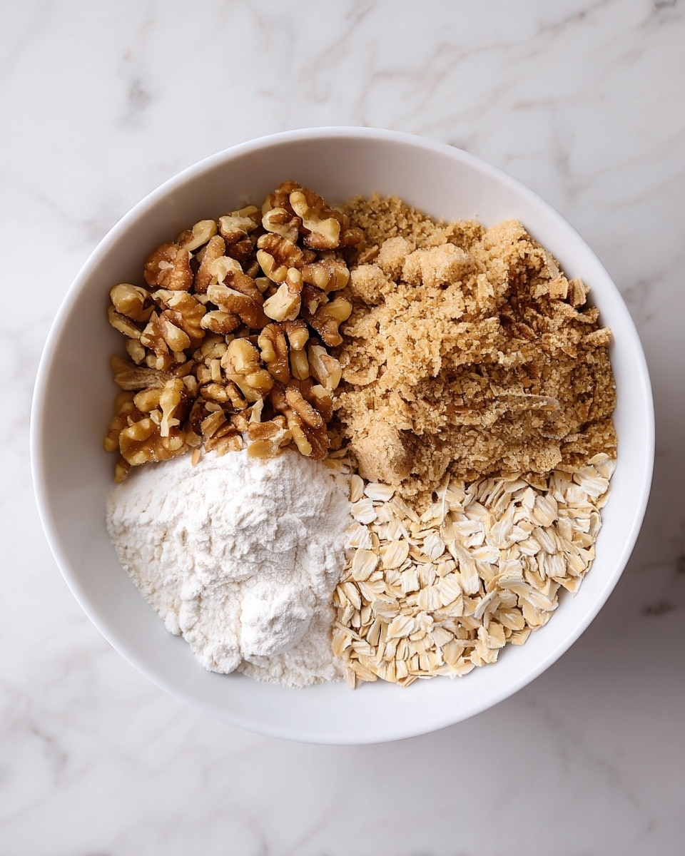 A white bowl on a white marbled surface holds four sections of ingredients. Starting from the top left, there are small chopped brown walnuts with rough texture. To the right, a mound of light brown sugar crystals fills the space, with a slightly grainy texture. On the bottom right, there are light beige rolled oats, laying flat and smooth. Lastly, on the bottom left, there is a pile of white flour with a soft powdery look. Each section stays separate, showing clear groups of ingredients. Photo taken with an iphone --ar 4:5 --v 7